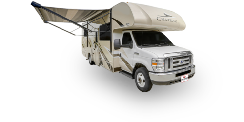 Four Seasons RV Rentals - Class C X-Large Motorhome | Passenger's Side Exterior with Awning